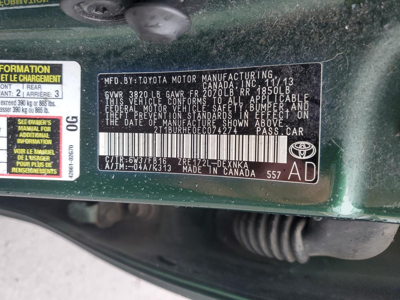 2014 Toyota Corolla L VIN: 2T1BURHE0EC074274 Lot: 86075005