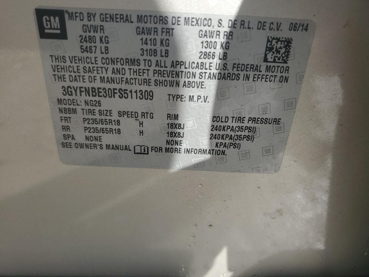 2015 Cadillac Srx Luxury Collection VIN: 3GYFNBE30FS511309 Lot: 90994245