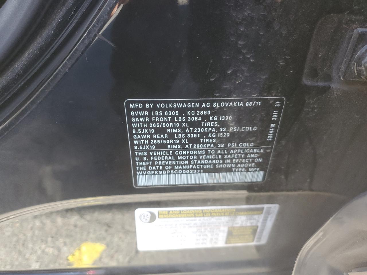 2012 Volkswagen Touareg V6 Tdi VIN: WVGFK9BP5CD002371 Lot: 85189595