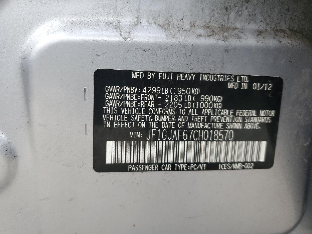 2012 Subaru Impreza Premium VIN: JF1GJAF67CH018570 Lot: 86875045