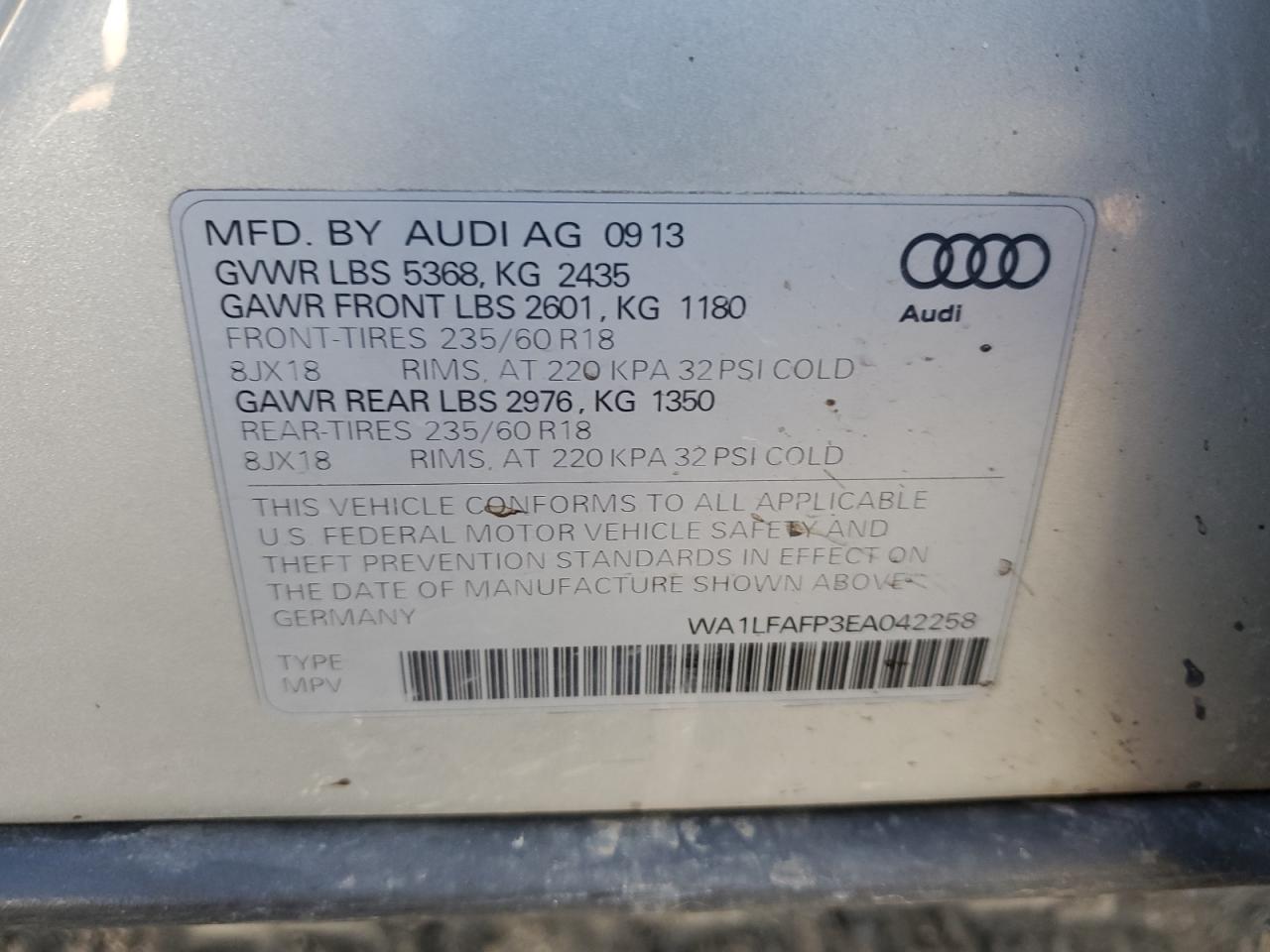2014 Audi Q5 Premium Plus VIN: WA1LFAFP3EA042258 Lot: 82608455