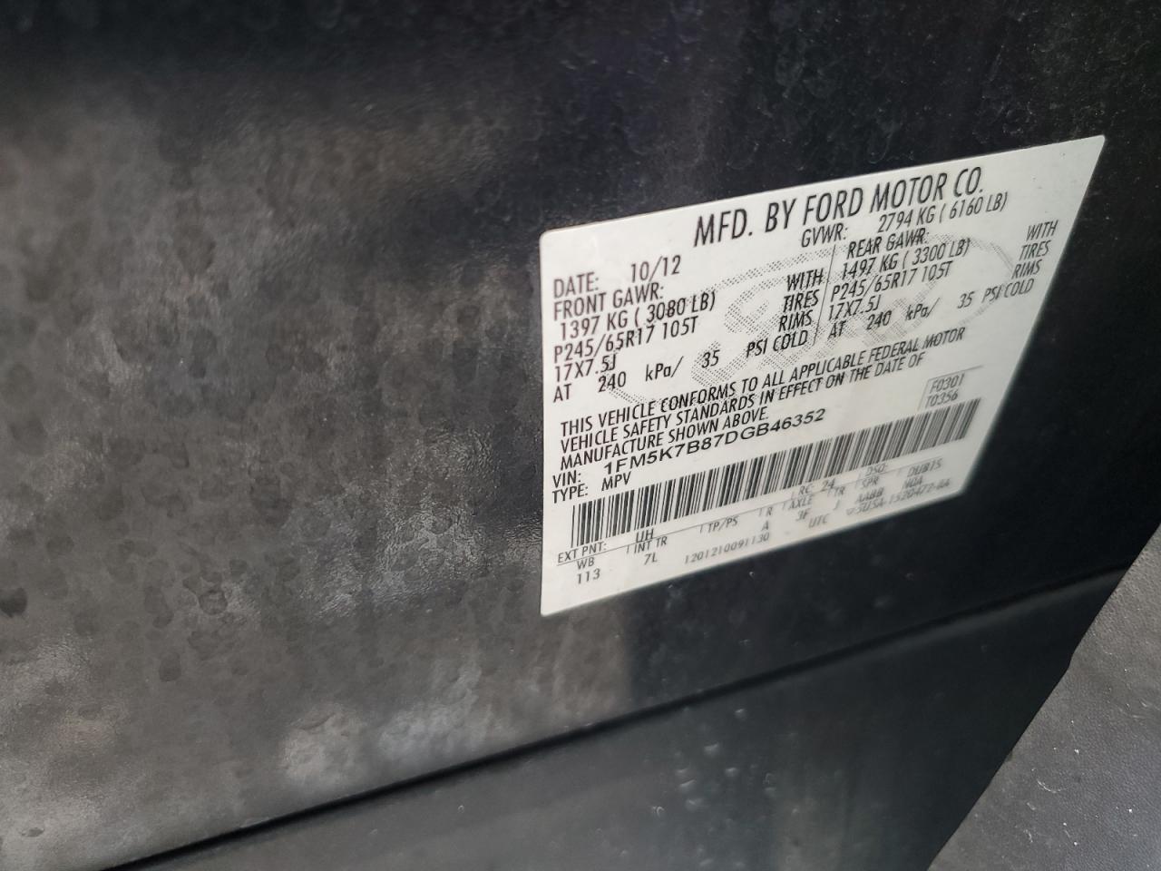2013 Ford Explorer VIN: 1FM5K7B87DGB46352 Lot: 82405925