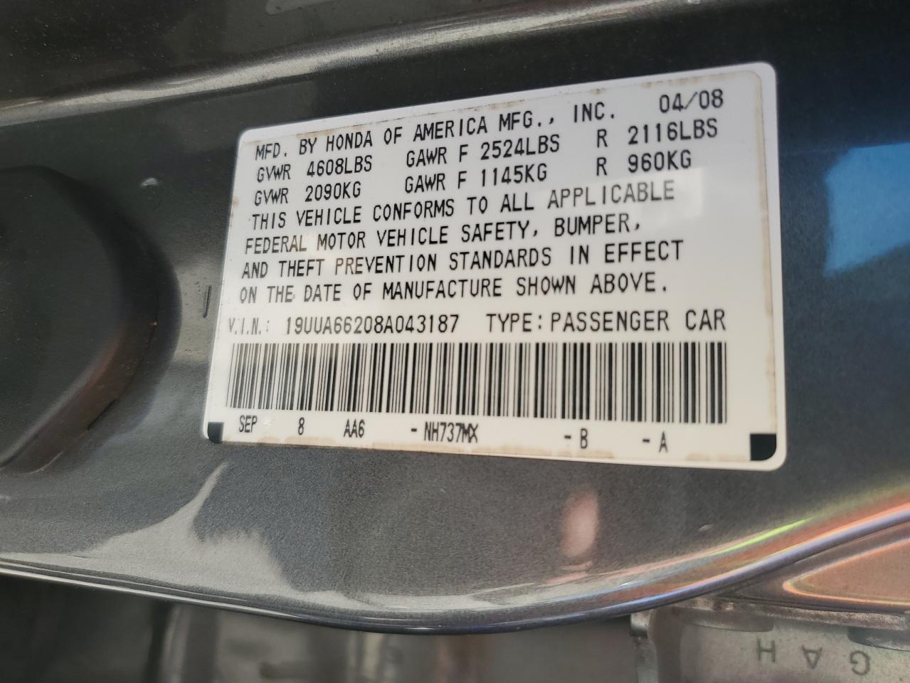 2008 Acura Tl VIN: 19UUA66208A043187 Lot: 89443515