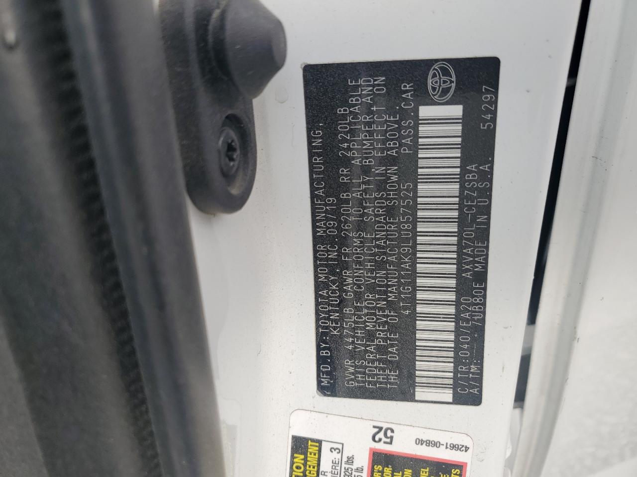 2020 Toyota Camry Se VIN: 4T1G11AK9LU857525 Lot: 85512195