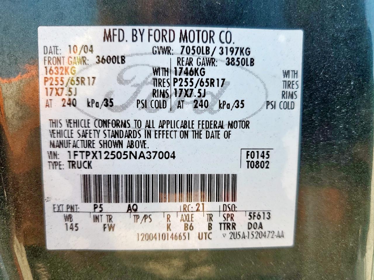 2005 Ford F150 VIN: 1FTPX12505NA37004 Lot: 86629015