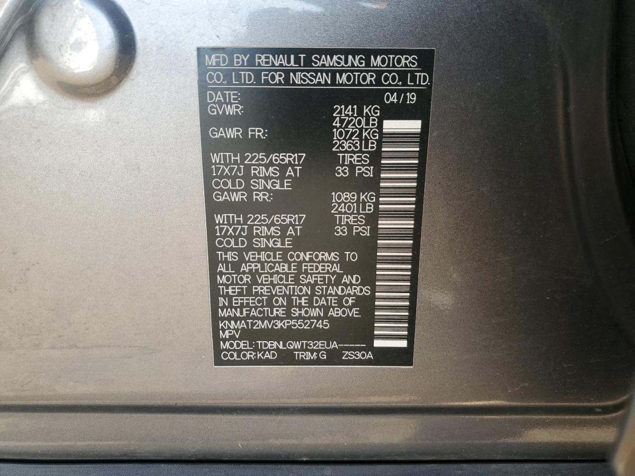 2019 Nissan Rogue S VIN: KNMAT2MV3KP552745 Lot: 86337275