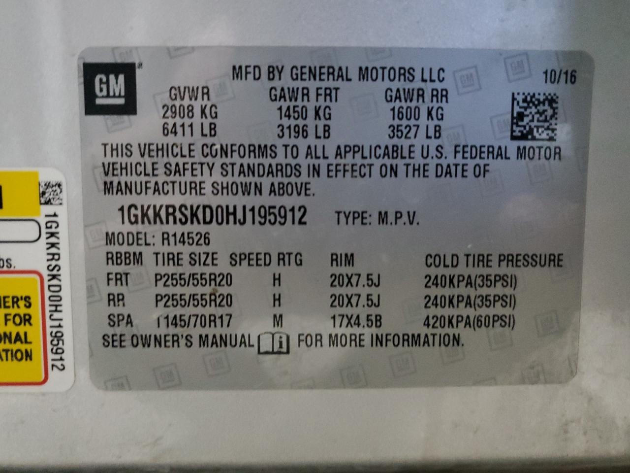 2017 GMC Acadia Limited Slt-2 VIN: 1GKKRSKD0HJ195912 Lot: 90229085