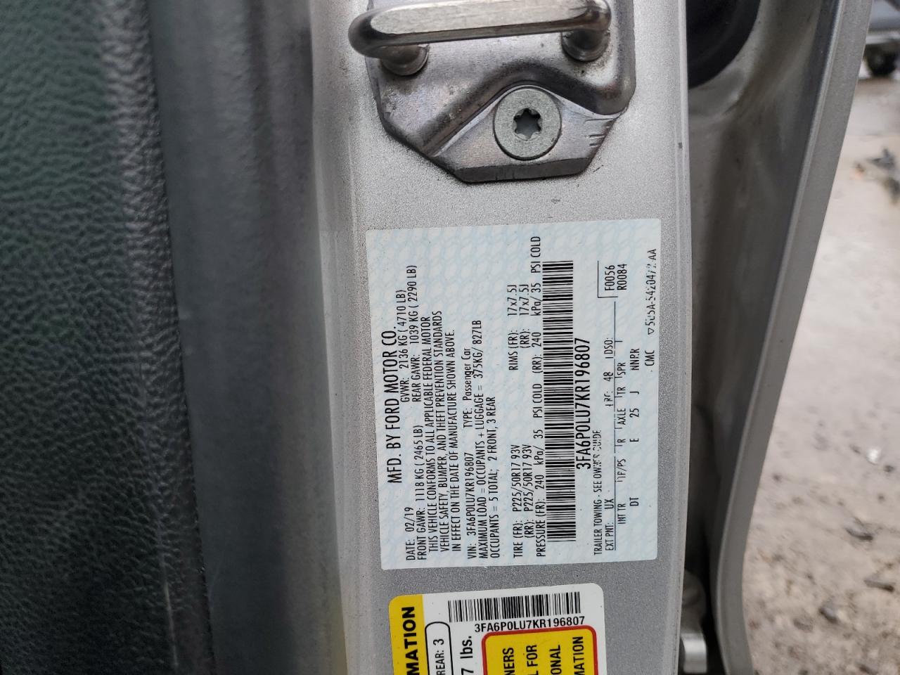 2019 Ford Fusion Se VIN: 3FA6P0LU7KR196807 Lot: 90598475