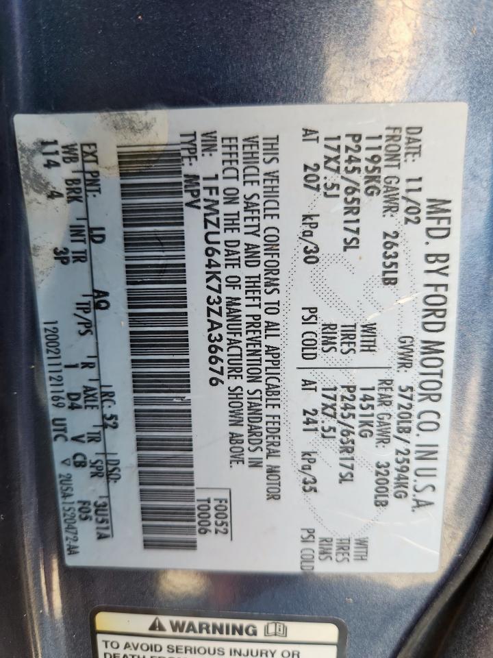 2003 Ford Explorer Eddie Bauer VIN: 1FMZU64K73ZA36676 Lot: 85933145