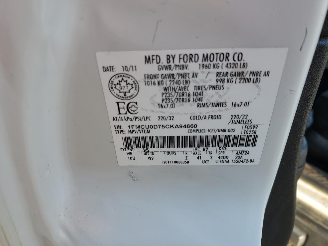 2012 Ford Escape Xlt VIN: 1FMCU0D75CKA94860 Lot: 82237915