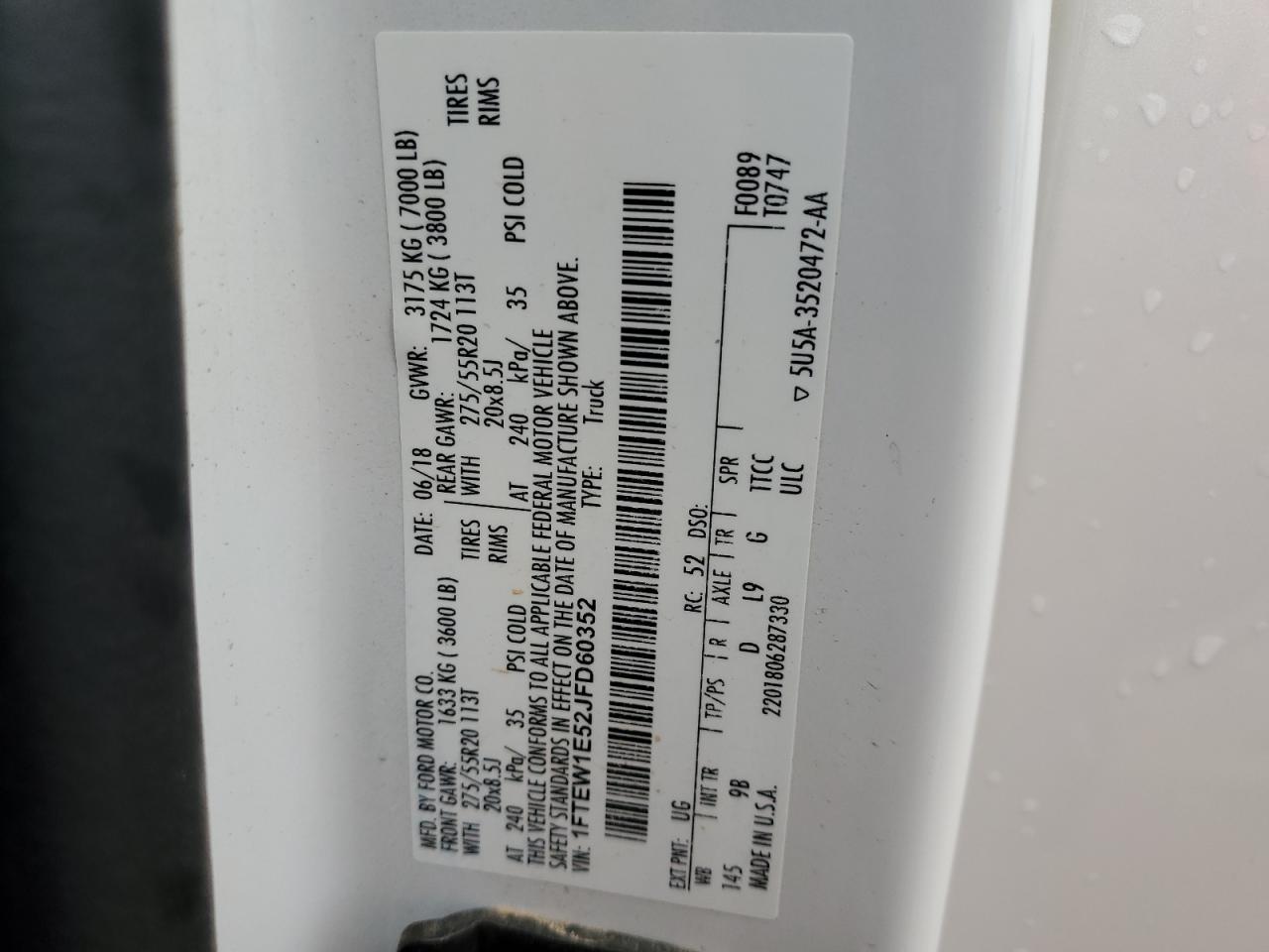 2018 Ford F150 Supercrew VIN: 1FTEW1E52JFD60352 Lot: 89443425