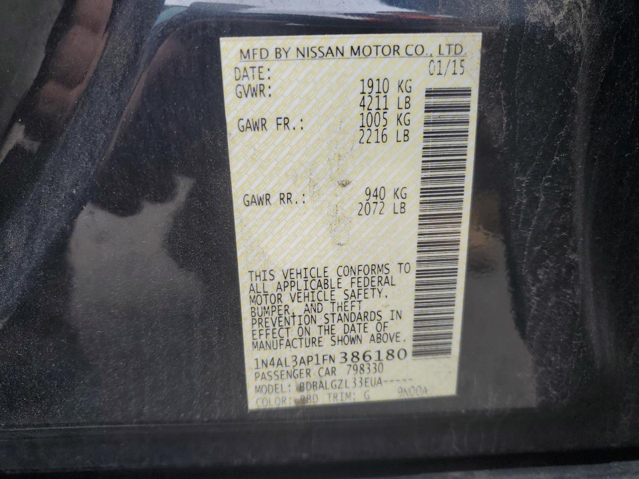 2015 Nissan Altima 2.5 VIN: 1N4AL3AP1FN386180 Lot: 86123355