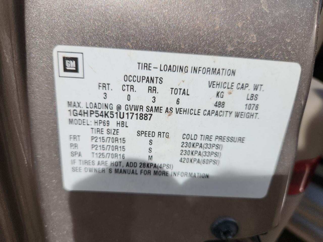 2001 Buick Lesabre Custom VIN: 1G4HP54K51U171887 Lot: 70851985