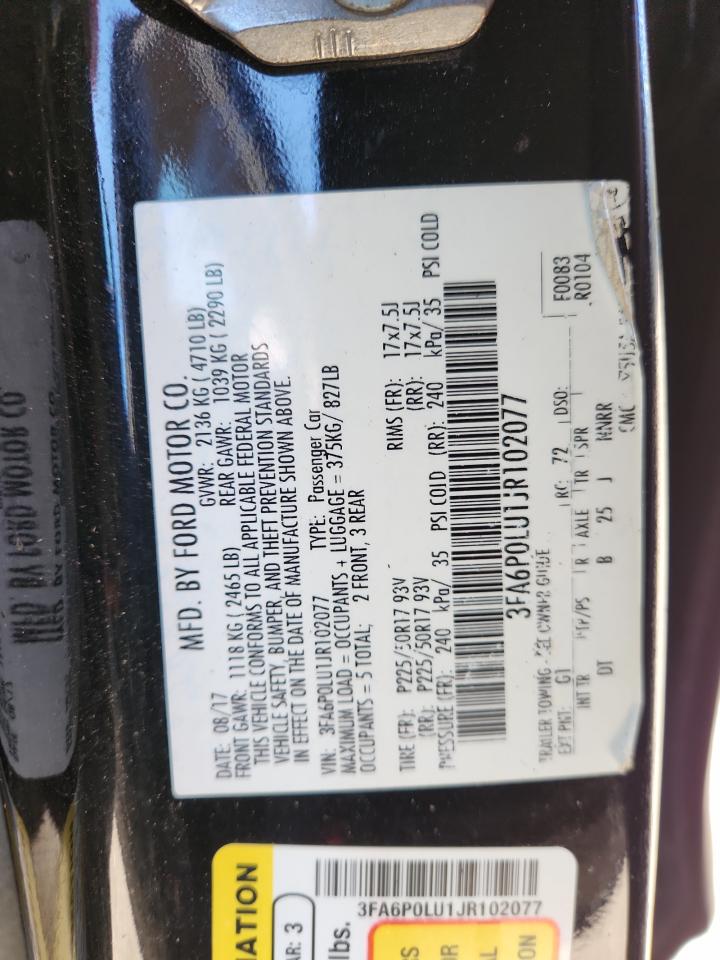 2018 Ford Fusion Se Hybrid VIN: 3FA6P0LU1JR102077 Lot: 91101885