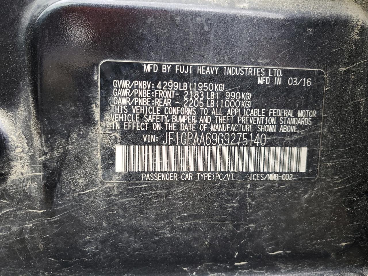 2016 Subaru Impreza VIN: JF1GPAA69G9275140 Lot: 82365115