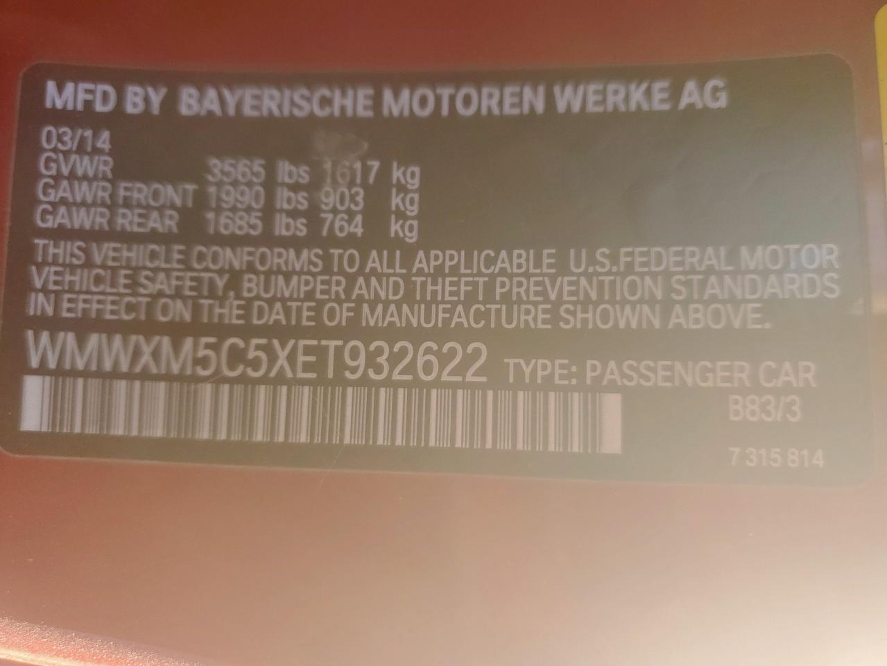 2014 Mini Cooper VIN: WMWXM5C5XET932622 Lot: 85916175