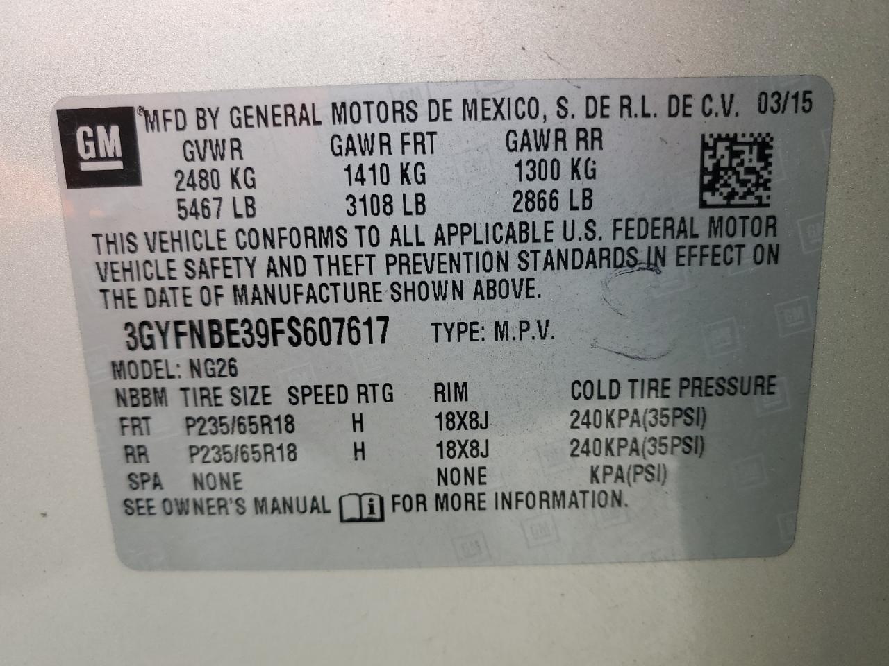 2015 Cadillac Srx Luxury Collection VIN: 3GYFNBE39FS607617 Lot: 87245075