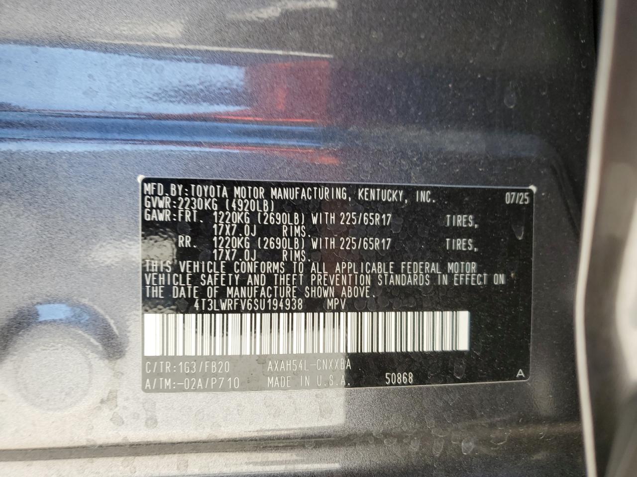 2025 Toyota Rav4 Le VIN: 4T3LWRFV6SU194938 Lot: 85844675