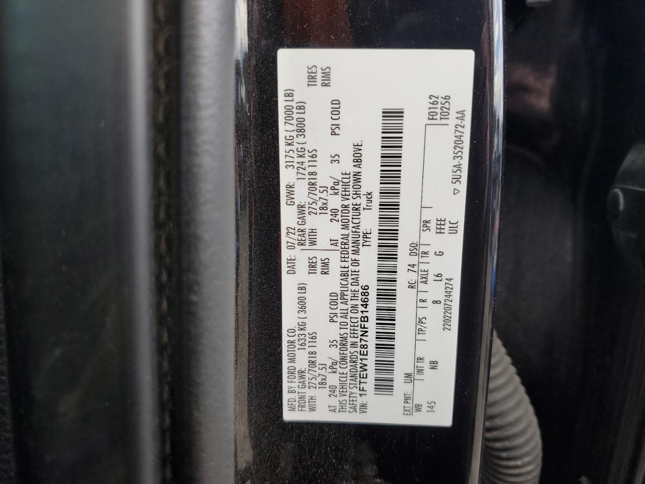 2022 Ford F150 Supercrew VIN: 1FTEW1E87NFB14686 Lot: 84761915