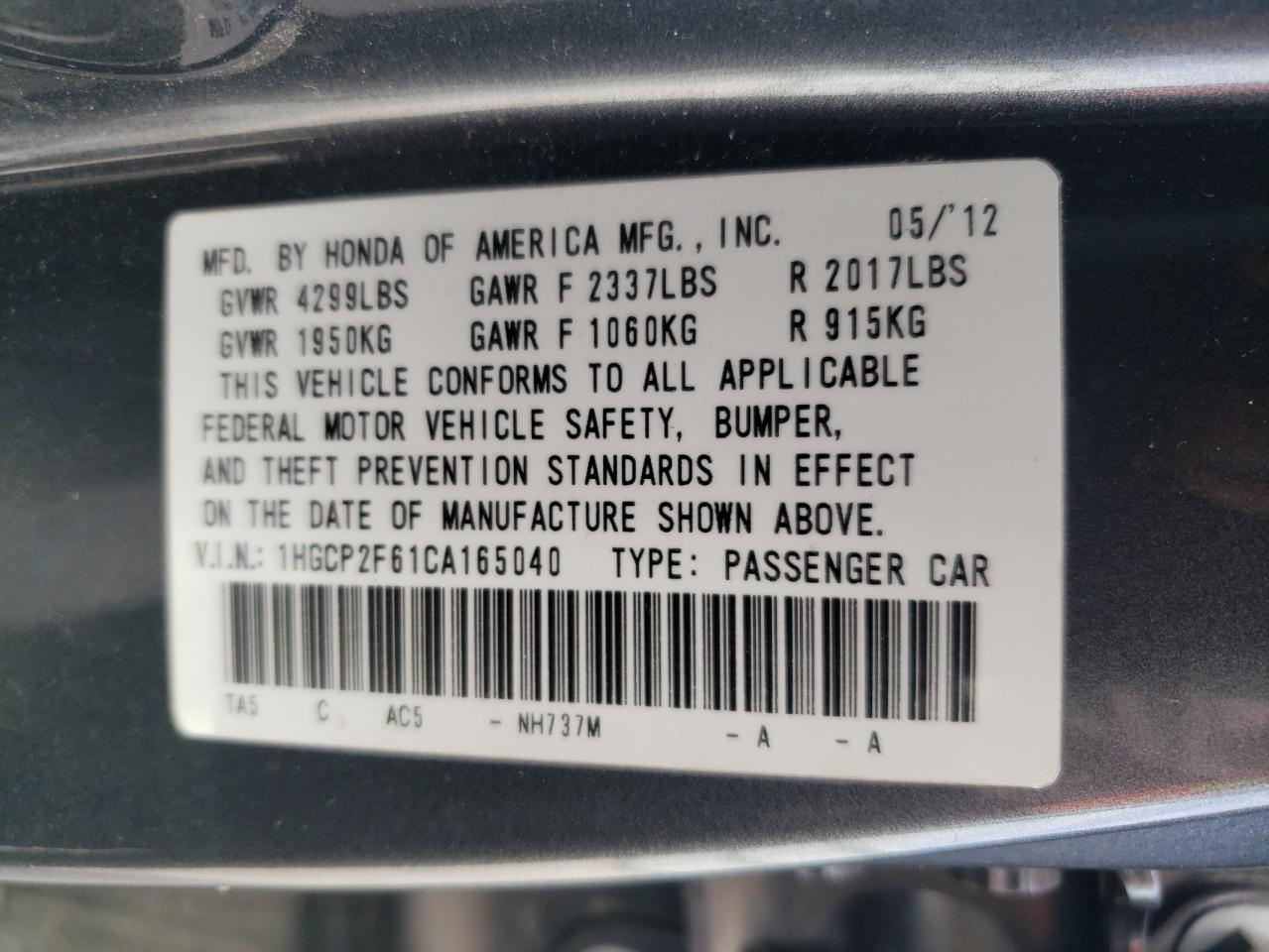 2012 Honda Accord Se VIN: 1HGCP2F61CA165040 Lot: 85093455