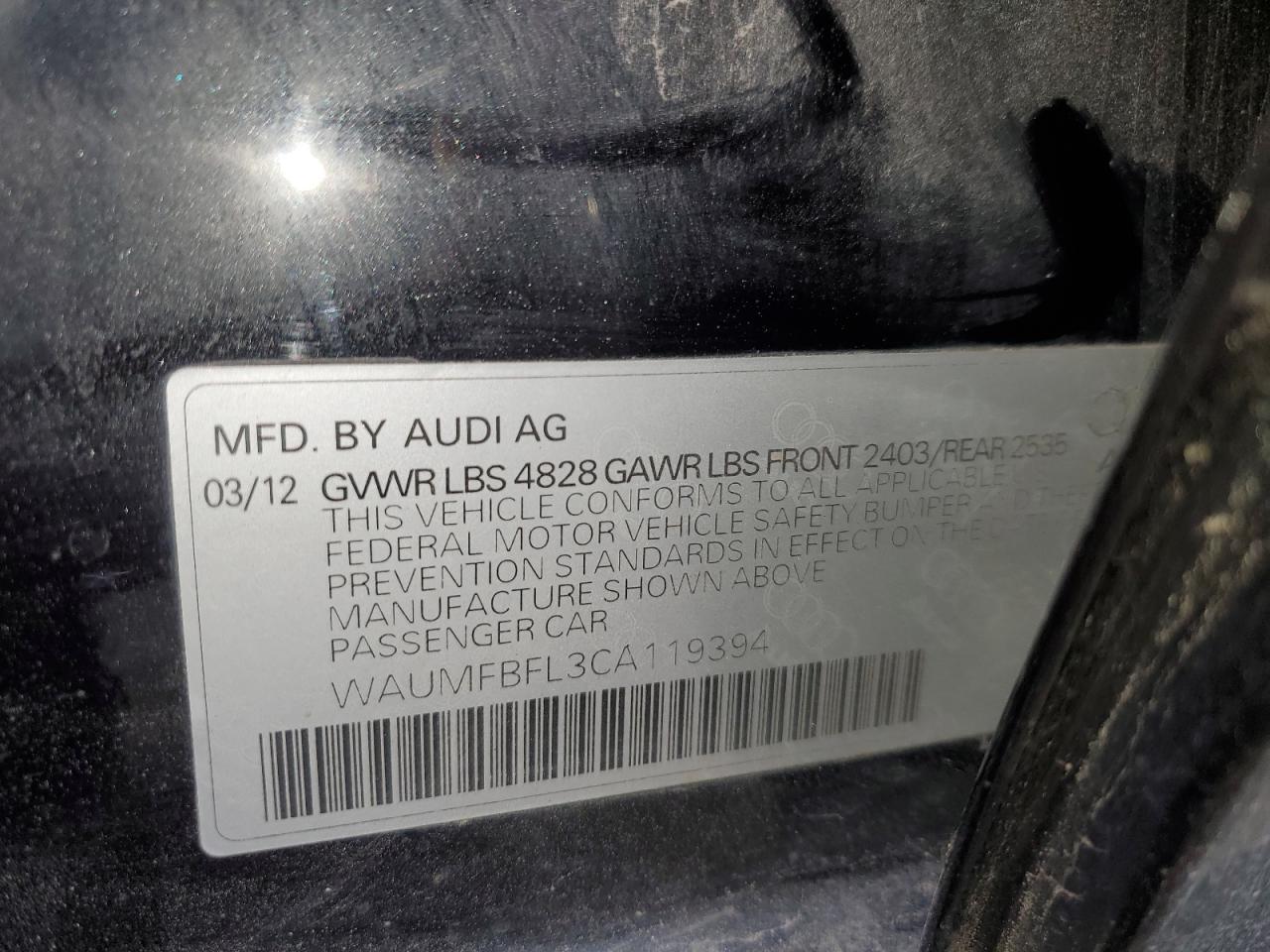 2012 Audi A4 Prestige VIN: WAUMFBFL3CA119394 Lot: 82465485