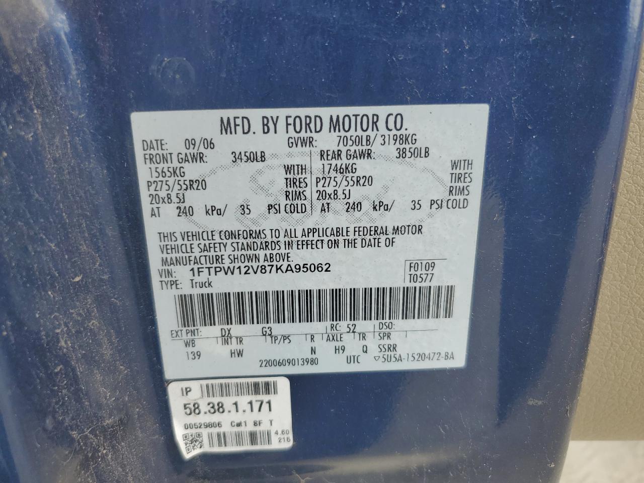 2007 Ford F150 Supercrew VIN: 1FTPW12V87KA95062 Lot: 89481715