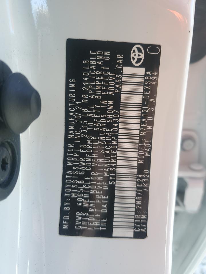 2022 Toyota Corolla Se VIN: 5YFS4MCE6NP104307 Lot: 82428005