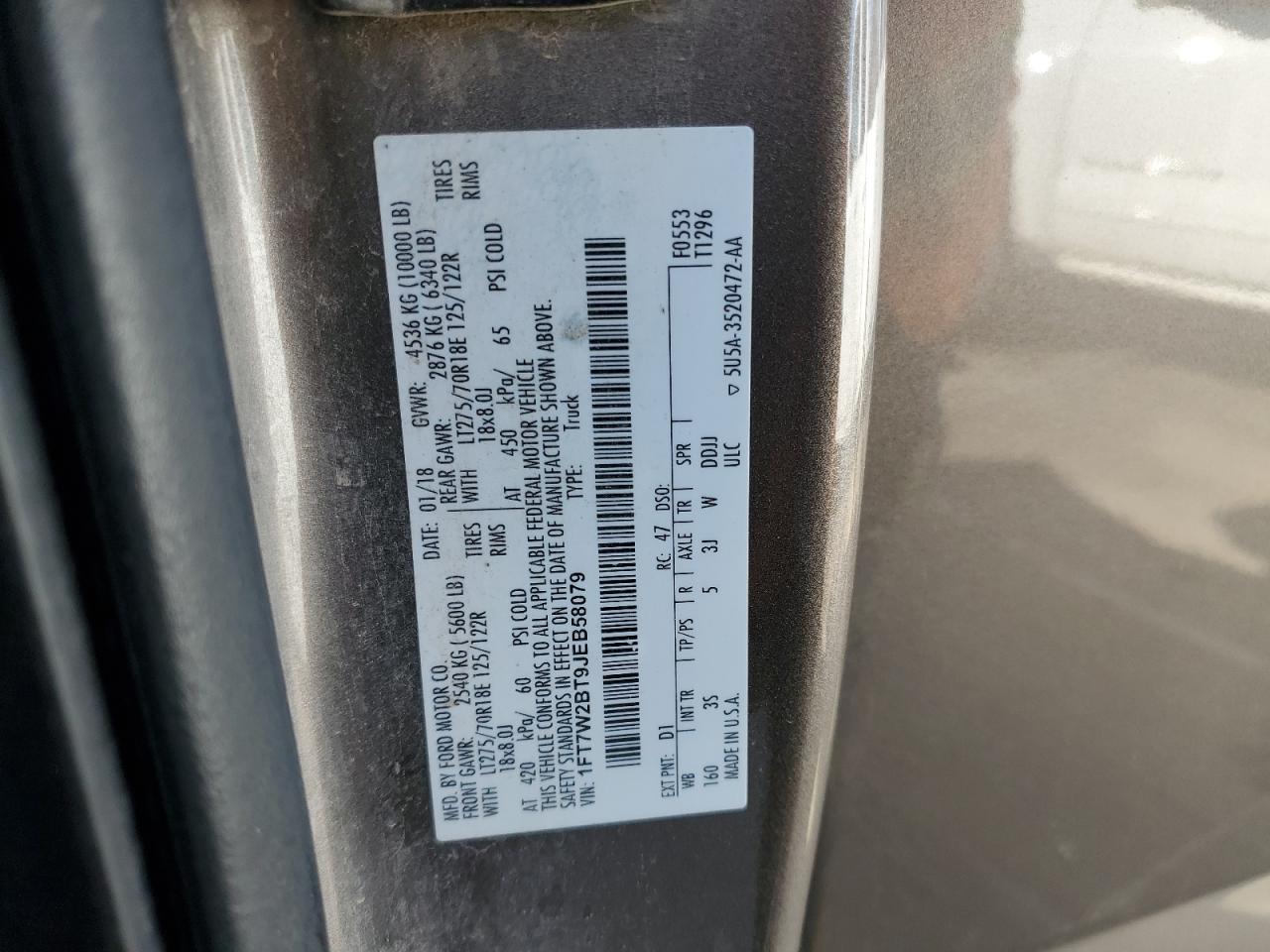 2018 Ford F250 Super Duty VIN: 1FT7W2BT9JEB58079 Lot: 90308085