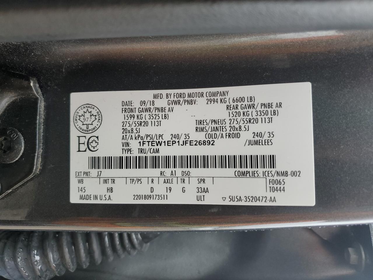 2018 Ford F150 Supercrew VIN: 1FTEW1EP1JFE26892 Lot: 85373175