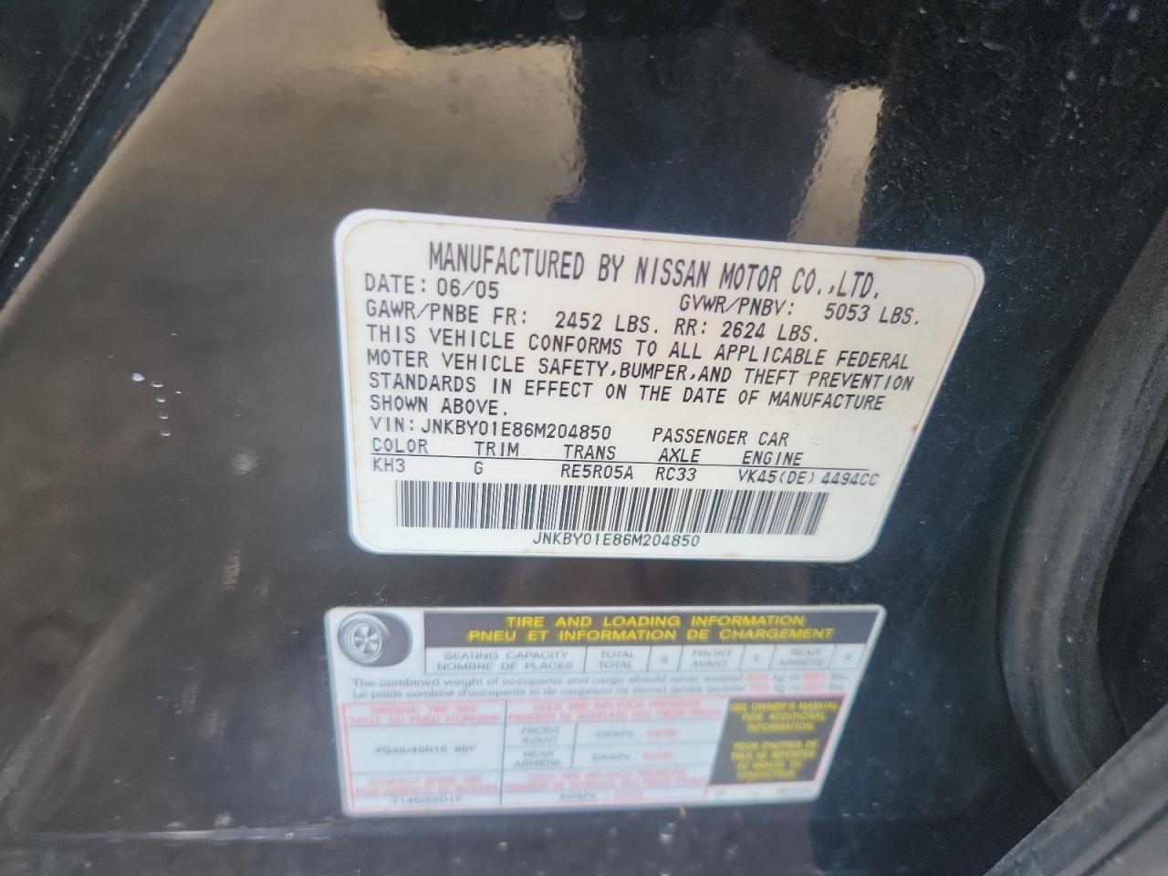 2006 Infiniti M45 Base VIN: JNKBY01E86M204850 Lot: 84479815