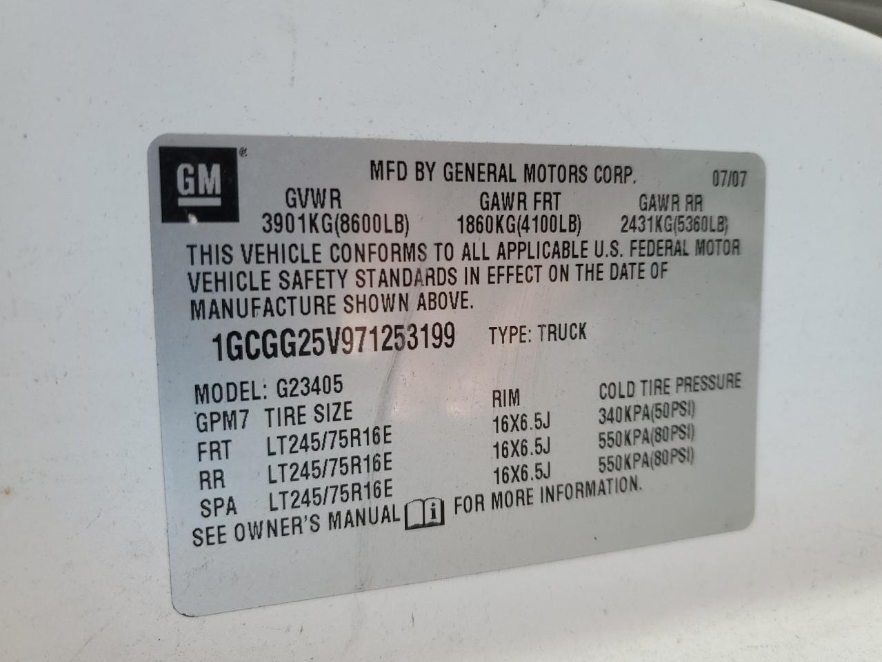 2007 Chevrolet Express G2500 VIN: 1GCGG25V971253199 Lot: 90725485