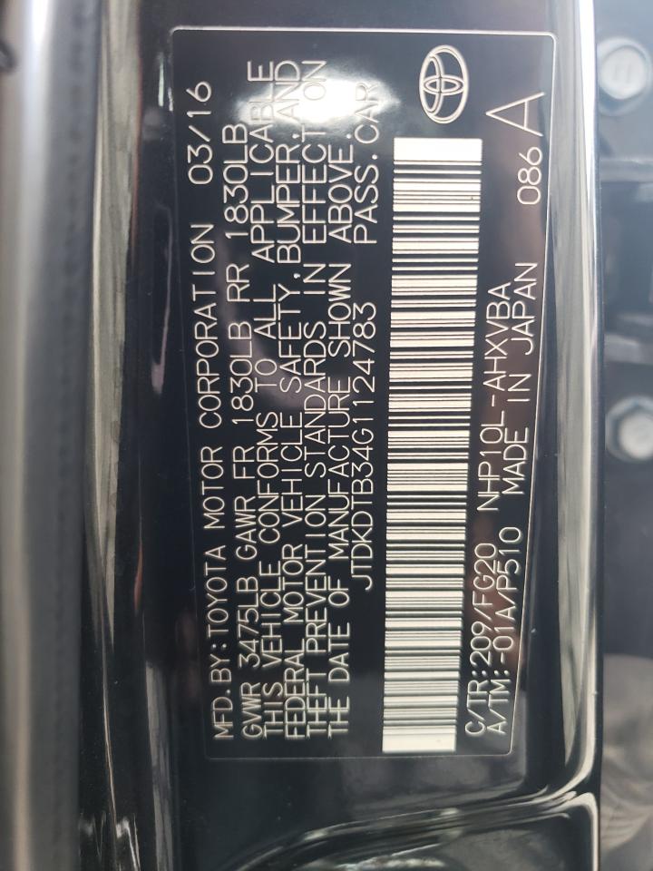 2016 Toyota Prius C VIN: JTDKDTB34G1124783 Lot: 84430475