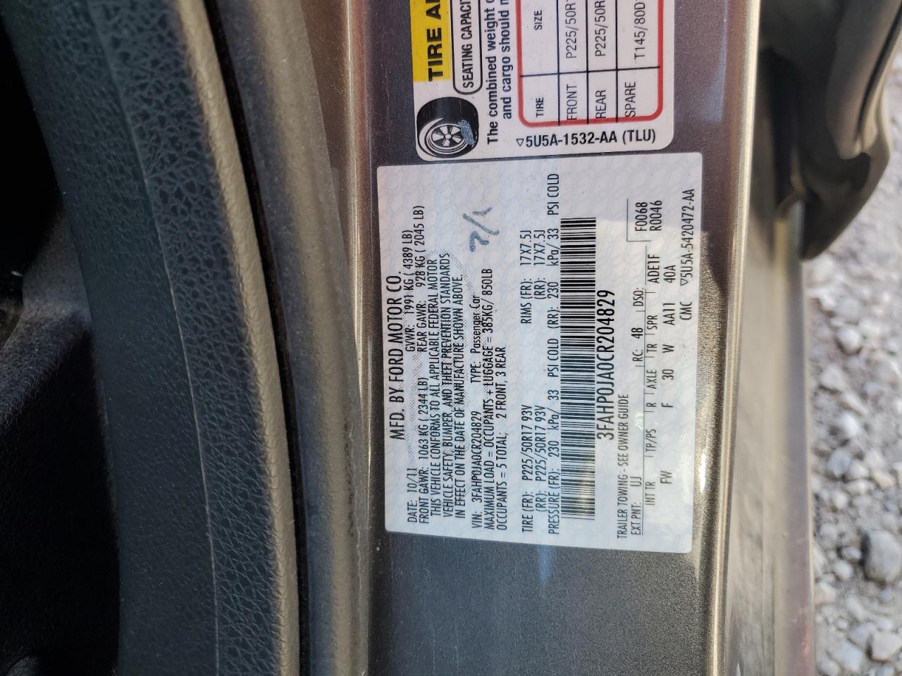 2012 Ford Fusion Sel VIN: 3FAHP0JA0CR204829 Lot: 85924955