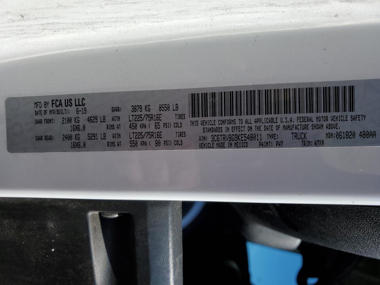 2019 Ram Promaster 1500 1500 High VIN: 3C6TRVBG9KE548011 Lot: 85270465