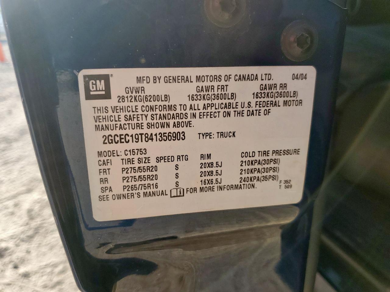 2004 Chevrolet Silverado C1500 VIN: 2GCEC19T841356903 Lot: 82224295