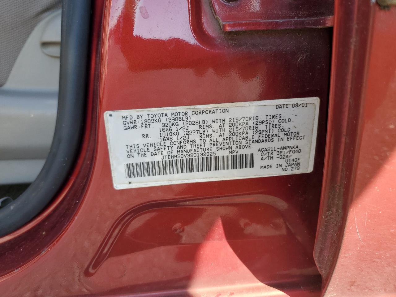 2002 Toyota Rav4 VIN: JTEHH20V320132025 Lot: 84874015