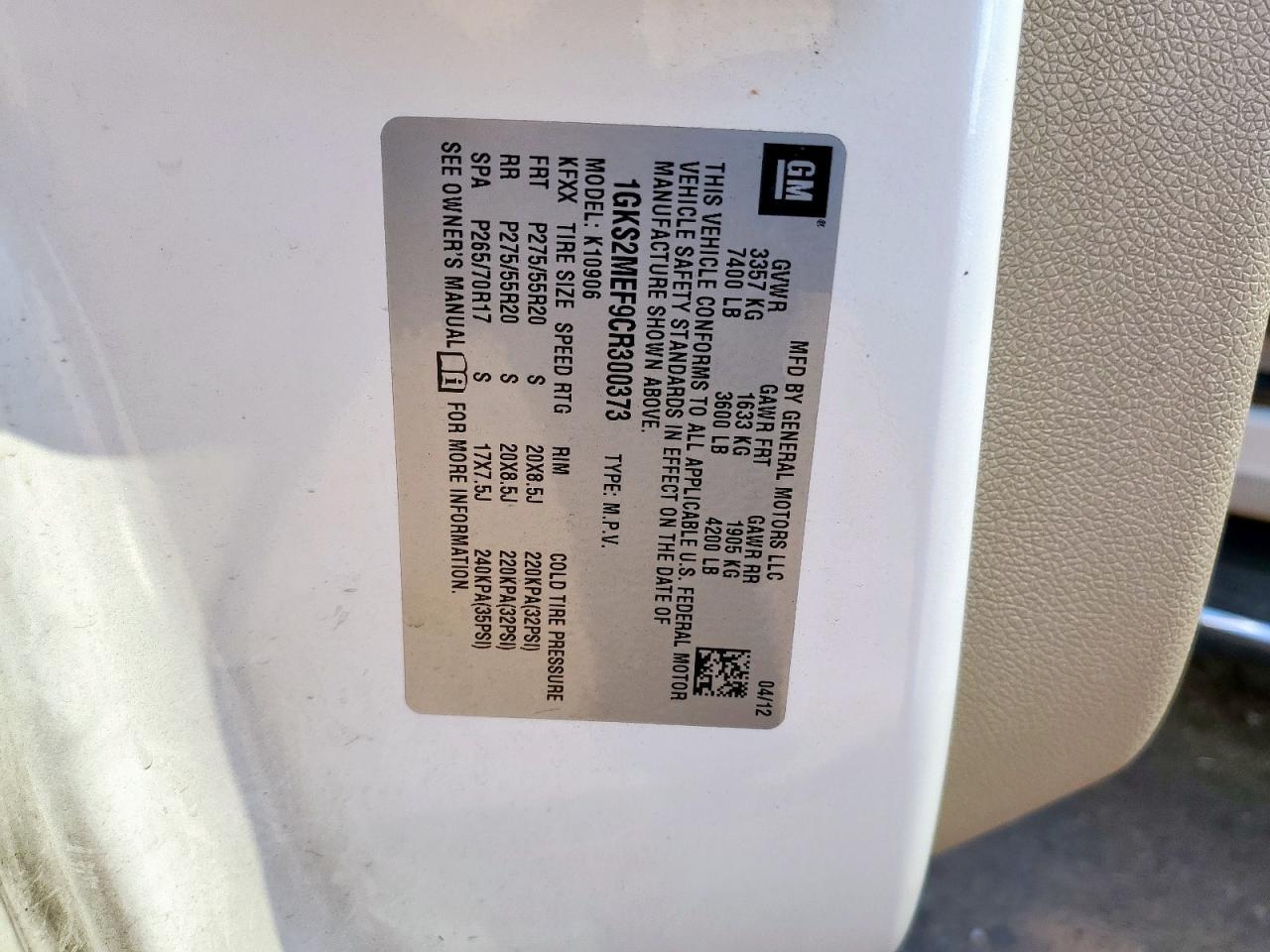 2012 GMC Yukon Xl Denali VIN: 1GKS2MEF9CR300373 Lot: 86537085