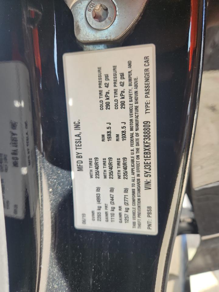 2019 Tesla Model 3 VIN: 5YJ3E1EBXKF388809 Lot: 84464295