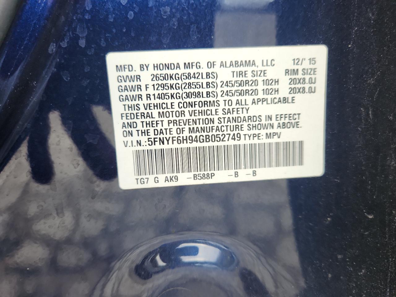 2016 Honda Pilot Touring VIN: 5FNYF6H94GB052749 Lot: 90599175