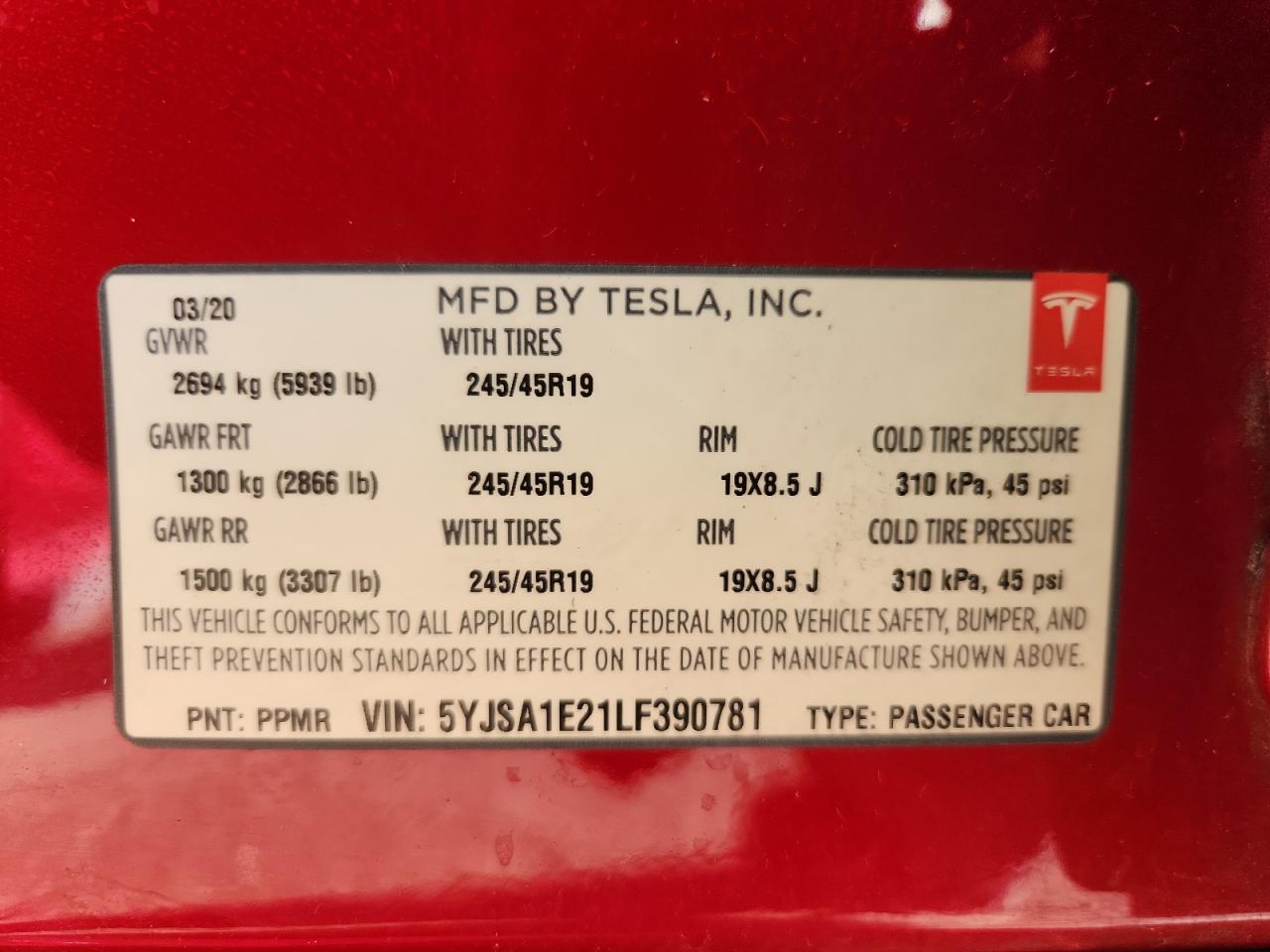 2020 Tesla Model S VIN: 5YJSA1E21LF390781 Lot: 82367815