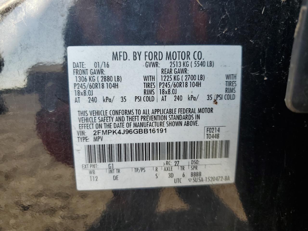 2016 Ford Edge Sel VIN: 2FMPK4J96GBB16191 Lot: 84774425