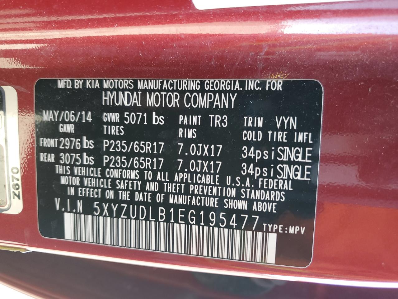 2014 Hyundai Santa Fe Sport VIN: 5XYZUDLB1EG195477 Lot: 85337525