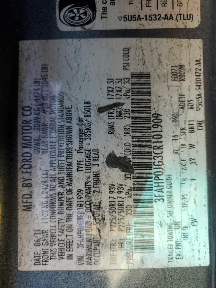 2012 Ford Fusion Sel VIN: 3FAHP0JG3CR101909 Lot: 86105795