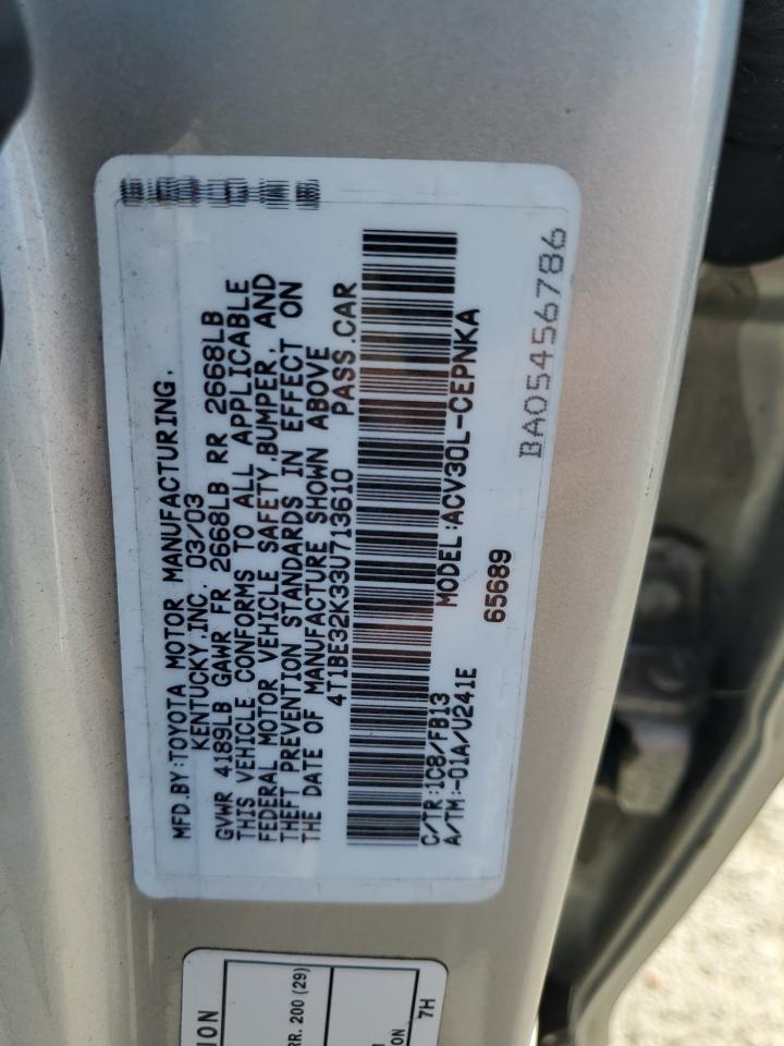 2003 Toyota Camry Le VIN: 4T1BE32K33U713610 Lot: 85120805