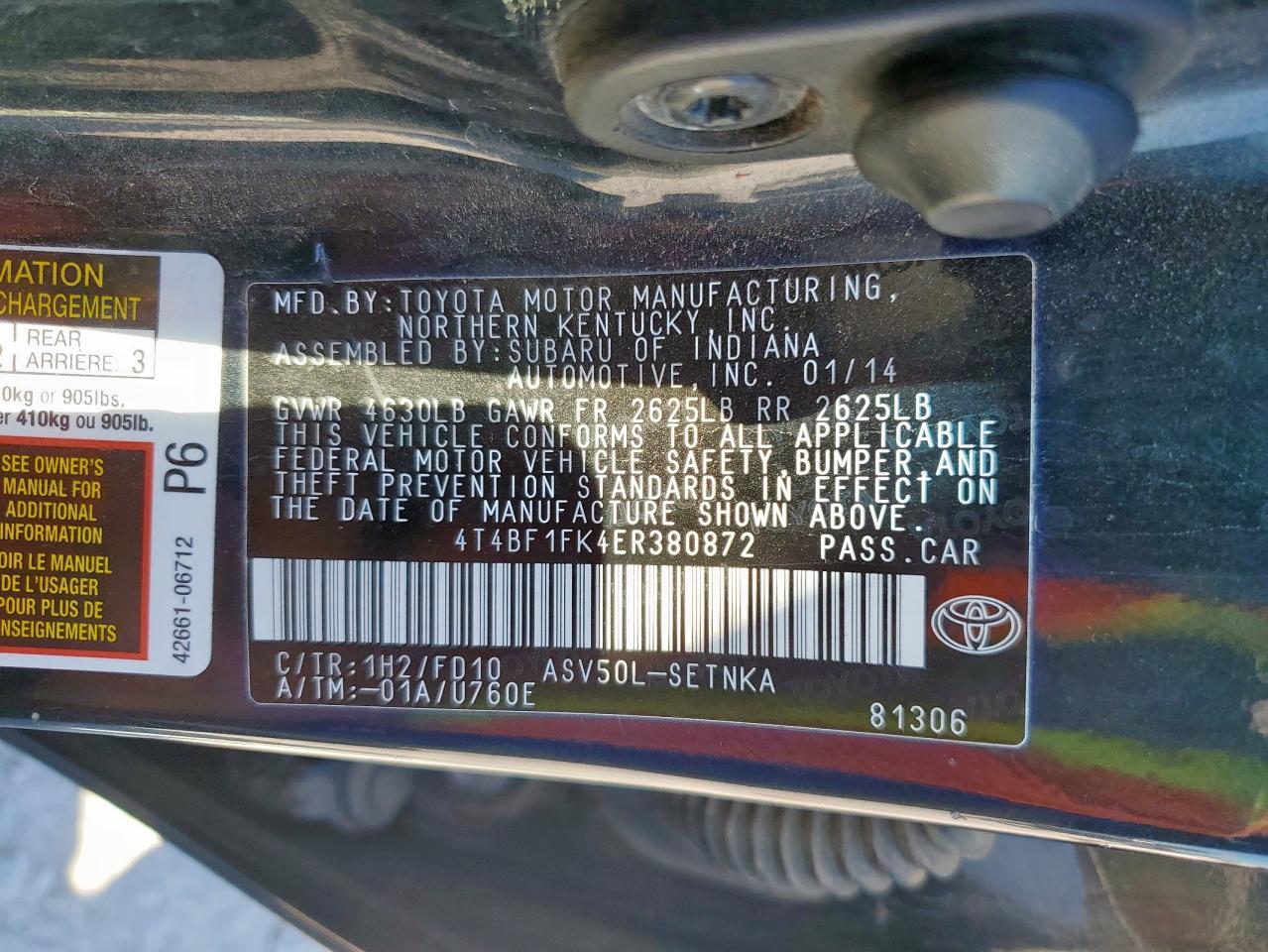 2014 Toyota Camry L VIN: 4T4BF1FK4ER380872 Lot: 90645405