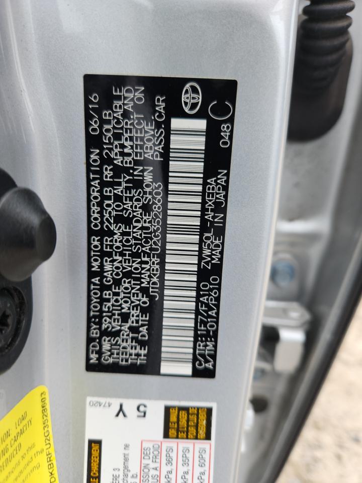 2016 Toyota Prius VIN: JTDKBRFU2G3528603 Lot: 83820395