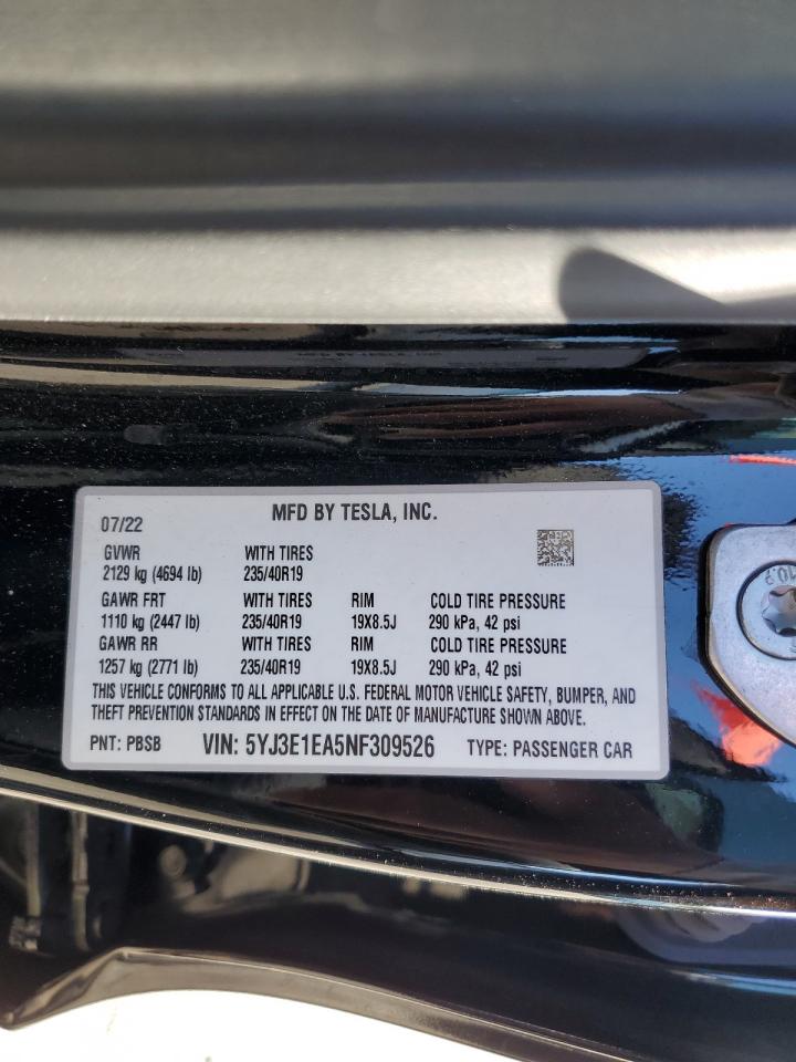 2022 Tesla Model 3 VIN: 5YJ3E1EA5NF309526 Lot: 85384345