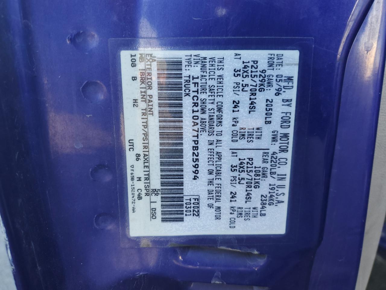 1996 Ford Ranger VIN: 1FTCR10A7TPB25994 Lot: 87043025