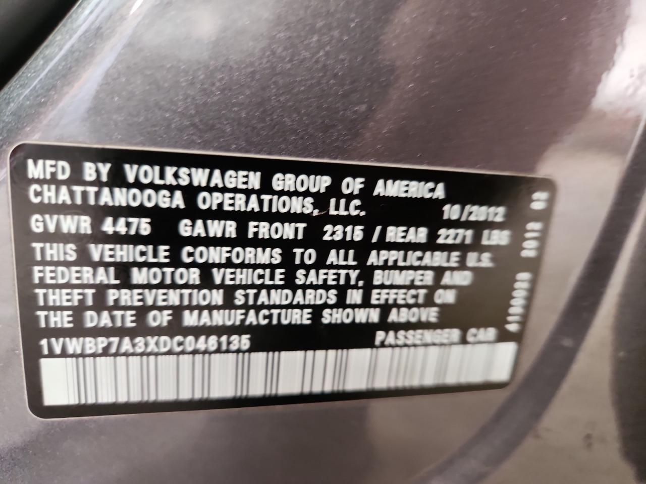 2013 Volkswagen Passat Se VIN: 1VWBP7A3XDC046135 Lot: 82455455