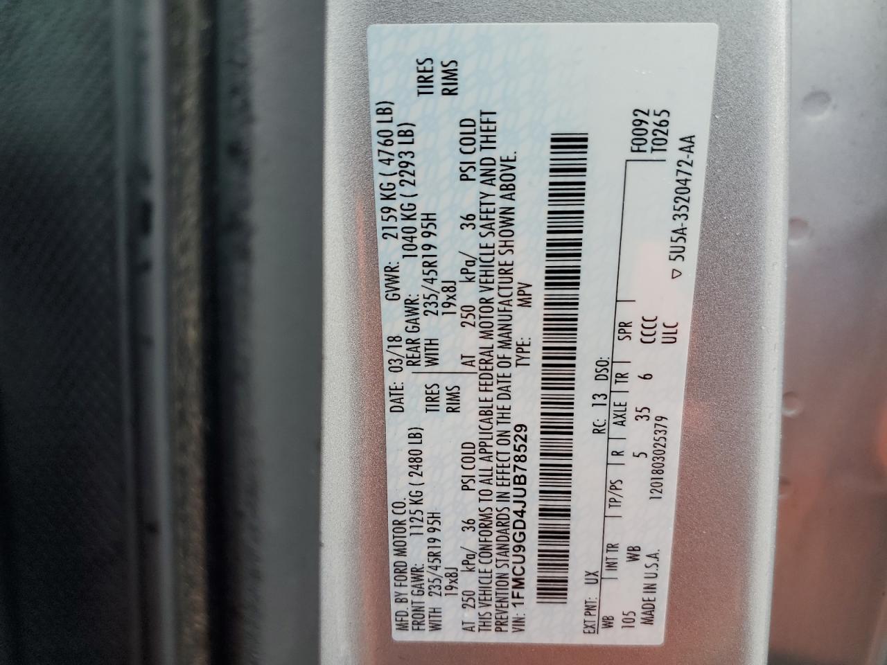 2018 Ford Escape Se VIN: 1FMCU9GD4JUB78529 Lot: 87490825